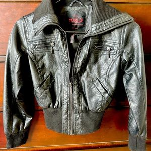 Edgy, faux, leather jacket.